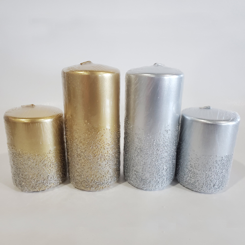 christmas metallic and glitter pillar candles gold and silver color