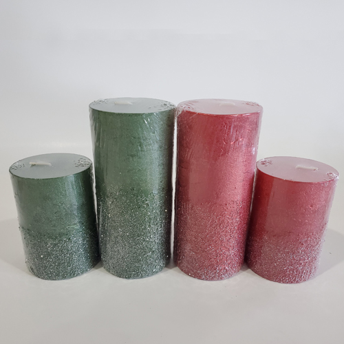 christmas metallic red and green rustic pillar candles with glitter