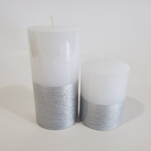 christmas white pillar candles with half metallic silver