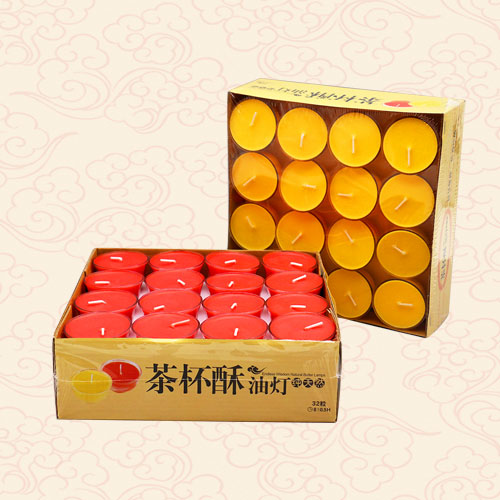 clear container tealight butter candles (red, yellow)